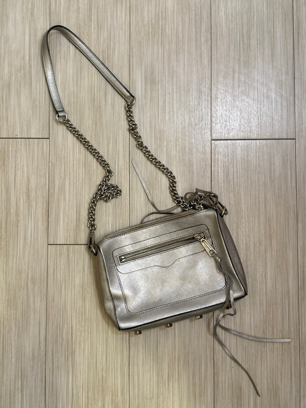 Rebecca Minkoff Metallic Silver Crossbody Shoulder Bag with Chain Strap